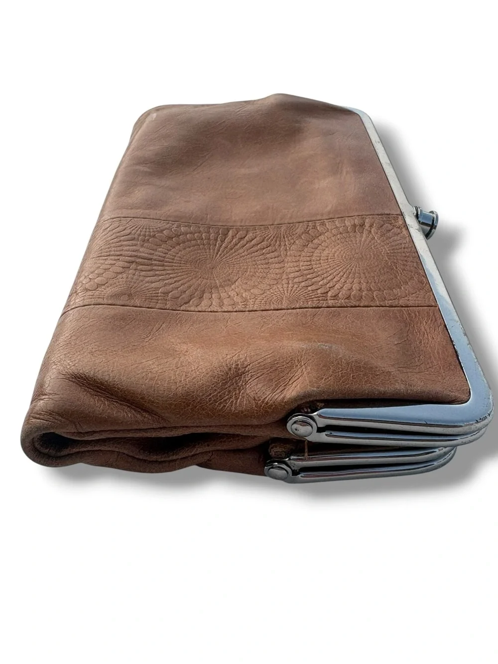 HOBO Lauren Clutch Wallet Brown Leather Embossed Frame Kiss Lock Organizer